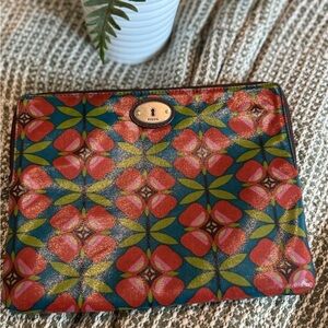 Fossil Floral Geometric Leather Tablet/IPad Case Teal, Coral & Green Key-Per